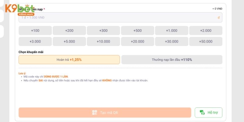 Hướng dẫn 3 bước giao dịch thông qua codepay tại K9BET