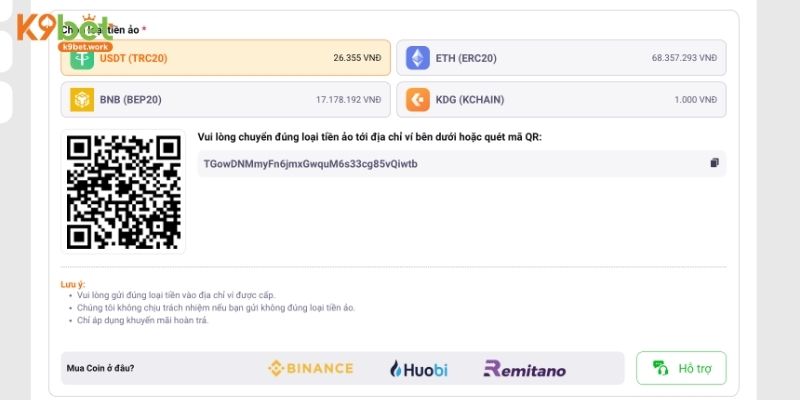 Quy trình nạp tiền K9BET nhanh thông qua Bitcoin